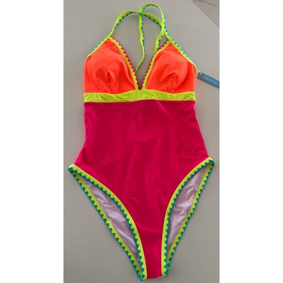 Popvil Neon Color Block One Piece Bathing Suit Women Tummy Control swimsuit L - Picture 5 of 15